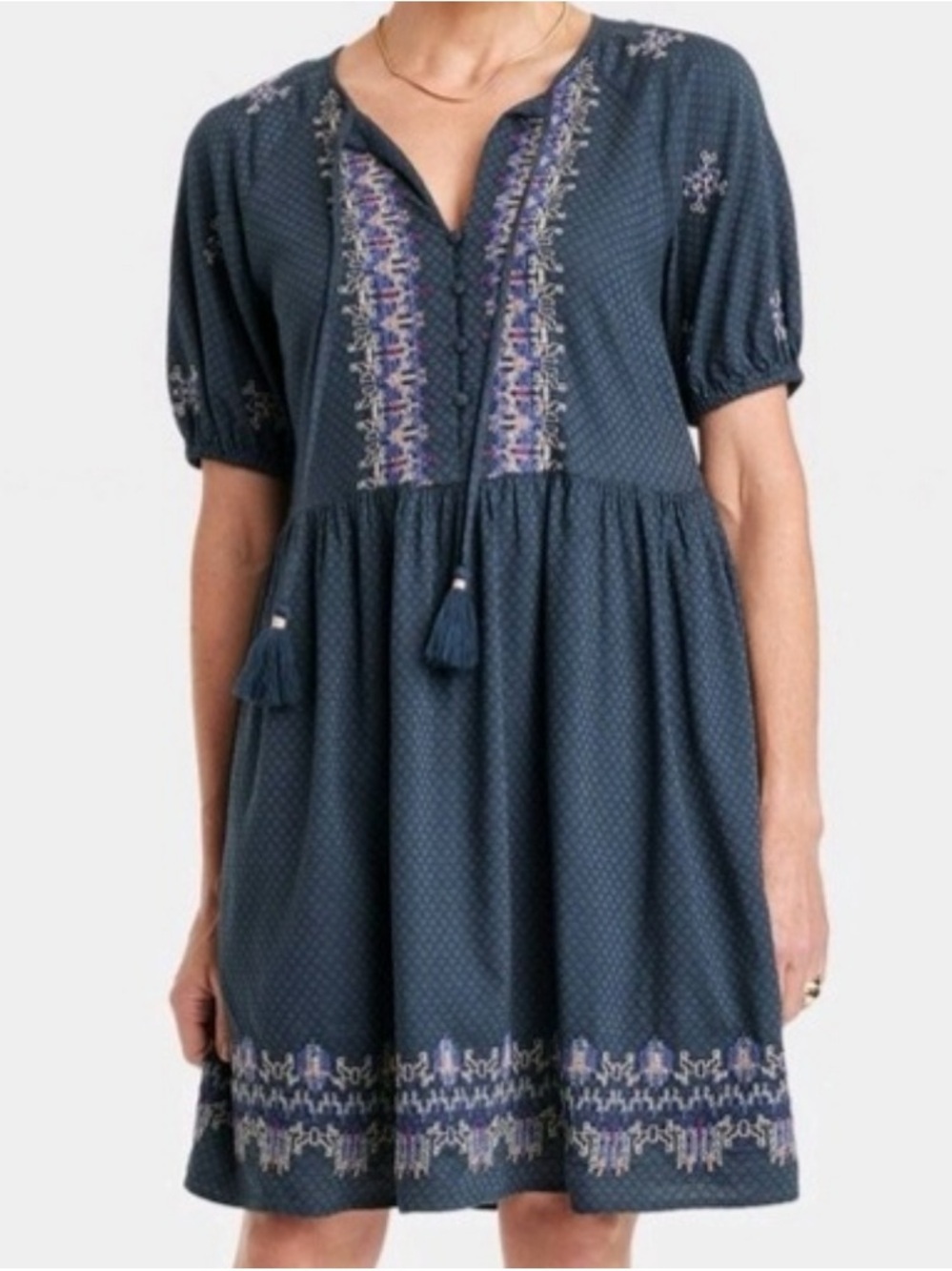 Knox Rose Dress 2X Plus Navy Embroidered Boho Tassel Peasant Mini
